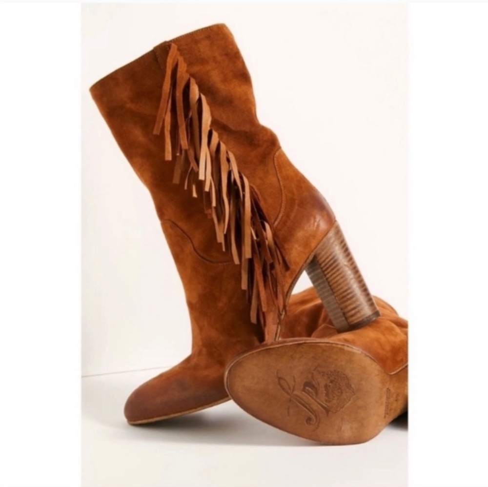 Free People Wild Rose Slouch Suede Boot Fringe Cognac Tan Brown Size 37 US 7